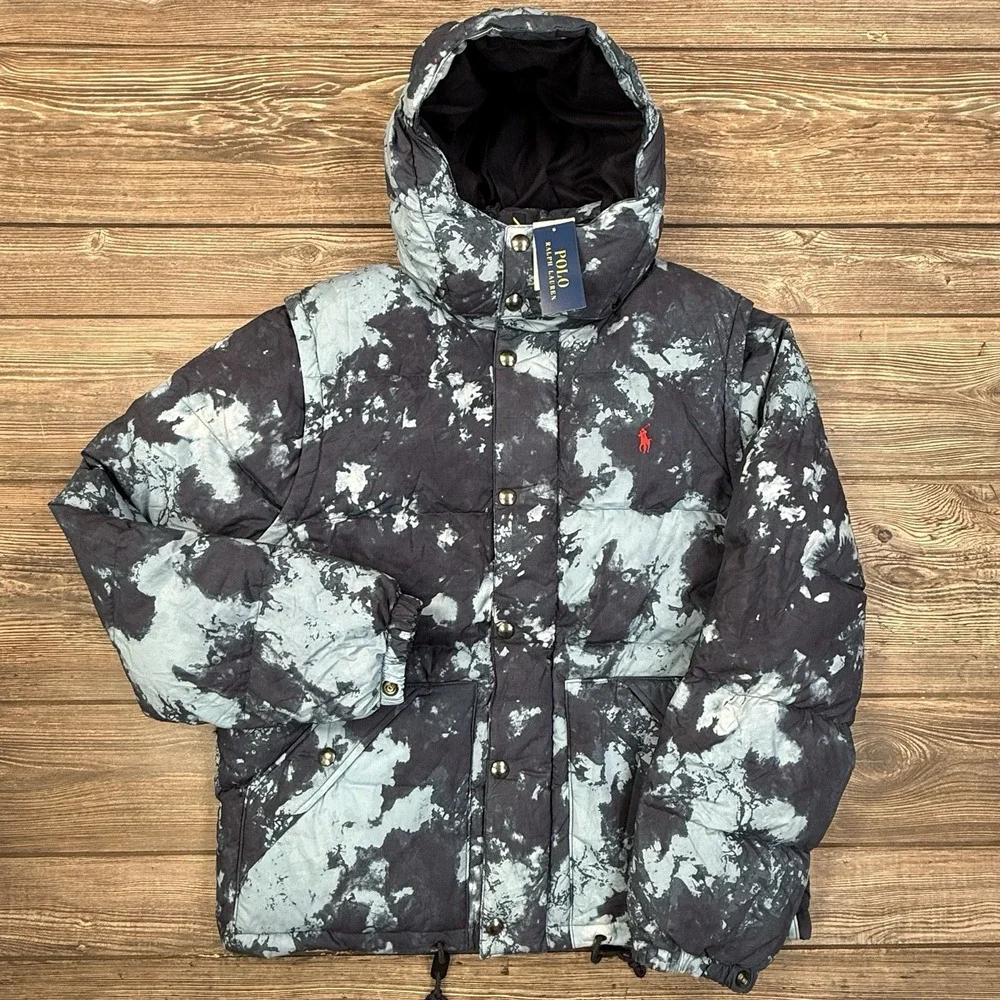 Polo Ralph Lauren‎ Mens Convertible Tie-Dye Down Jacket Vest Hood Blue LARGE NEW